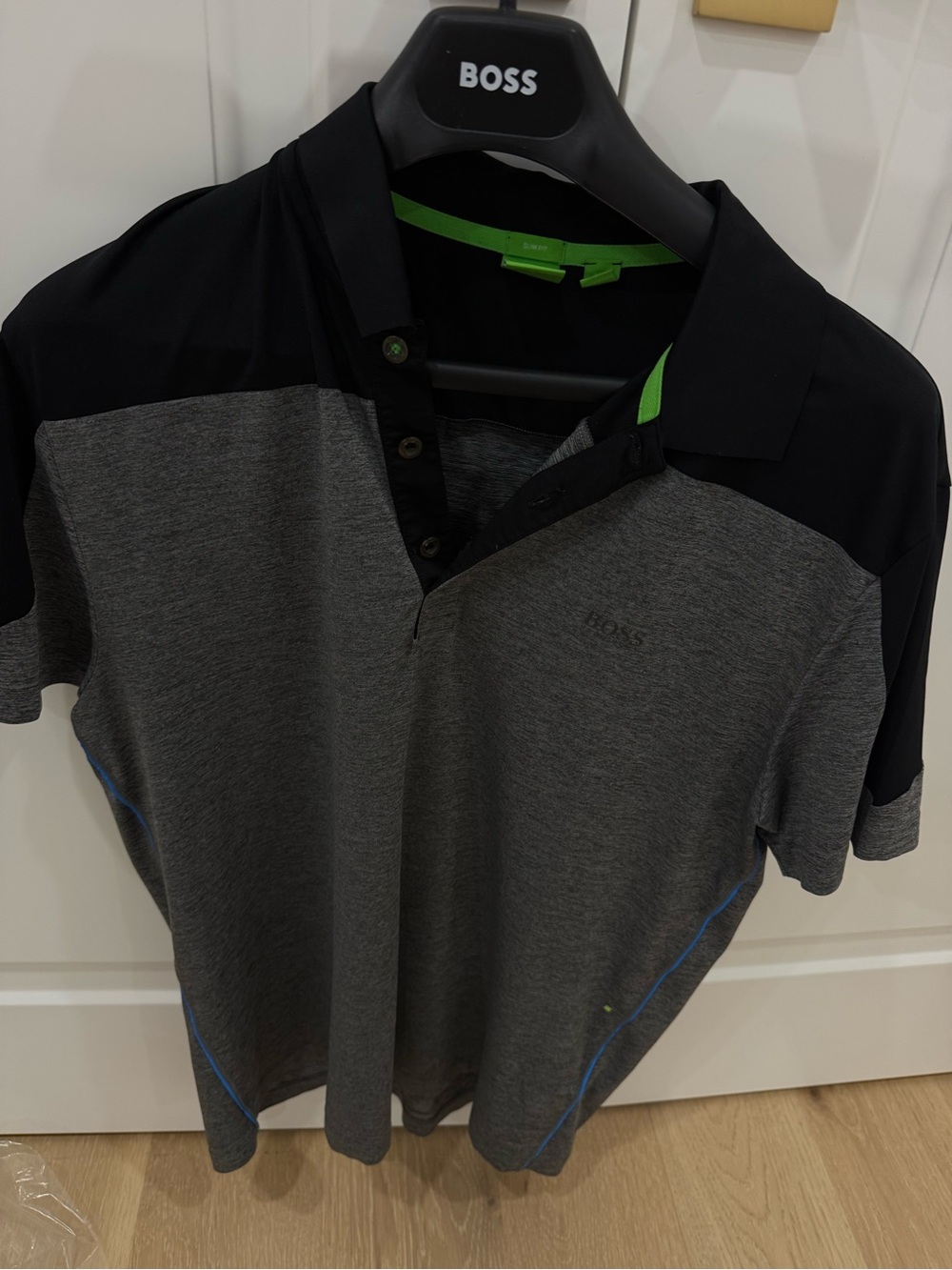BOSS Grey Polo with Black Shoulders and Green Trim XL